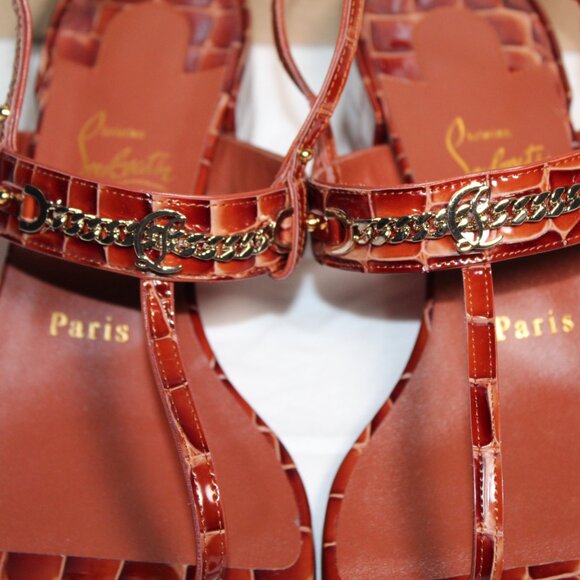 NWOB Christian Louboutin Logo CL Croc Brown Thong MJ Sandals Red Bottom 38.5 - Picture 6 of 9